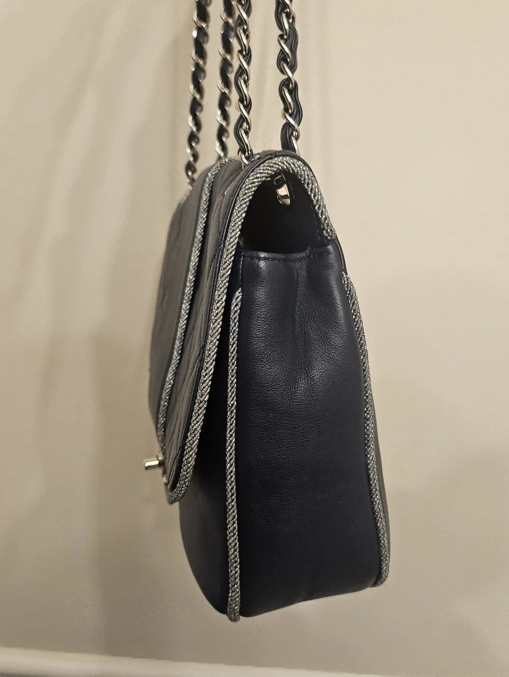 Chanel Navy Quilted Lambskin Flap Bag Silver Braided Trim Ruthenium Chain